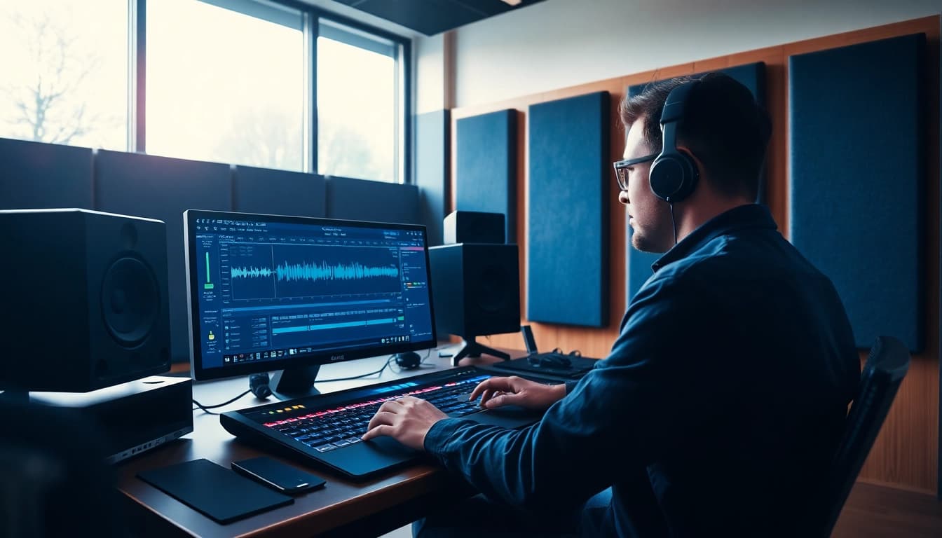 Audio engineer mastering tracks in a professional studio, focusing on online audio mastering.