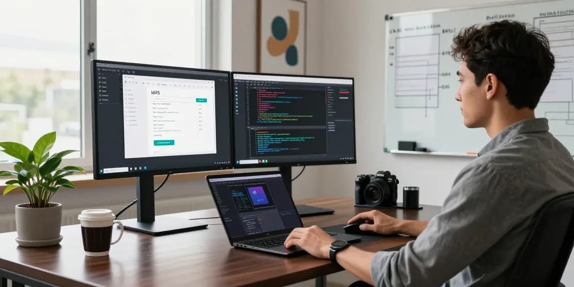 WPS Download interface displayed on multiple monitors in a modern tech workspace, showcasing software development.