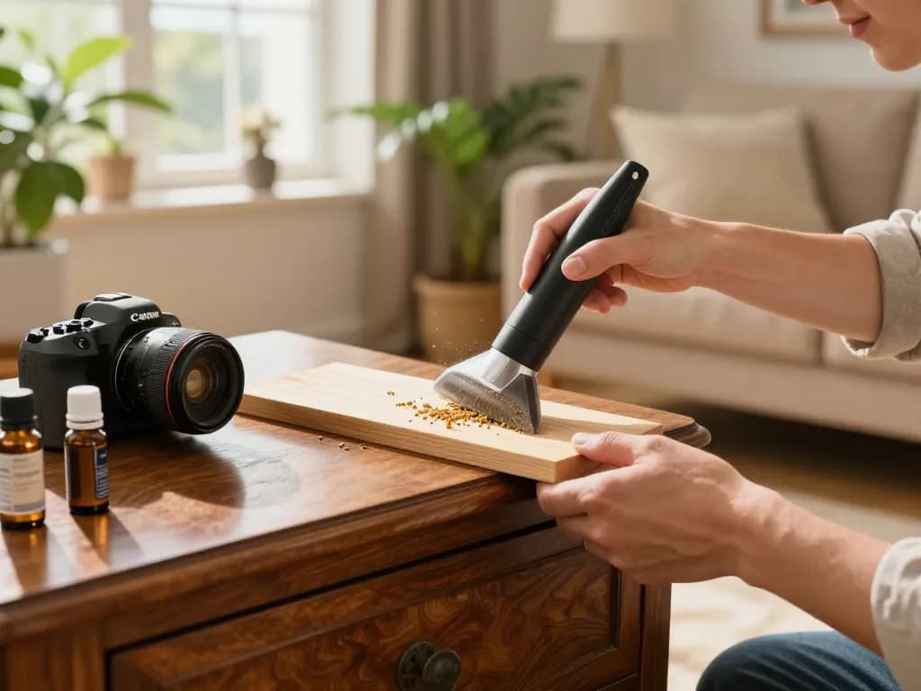 Utilizzo di metodi naturali per eliminare tarli da mobili in legno vintage in un ambiente domestico accogliente.