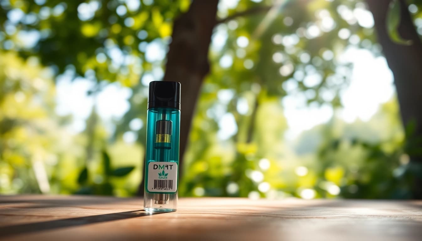 Buy DMT online - high-quality DMT vape cartridge displayed on a wooden table with nature backdrop.