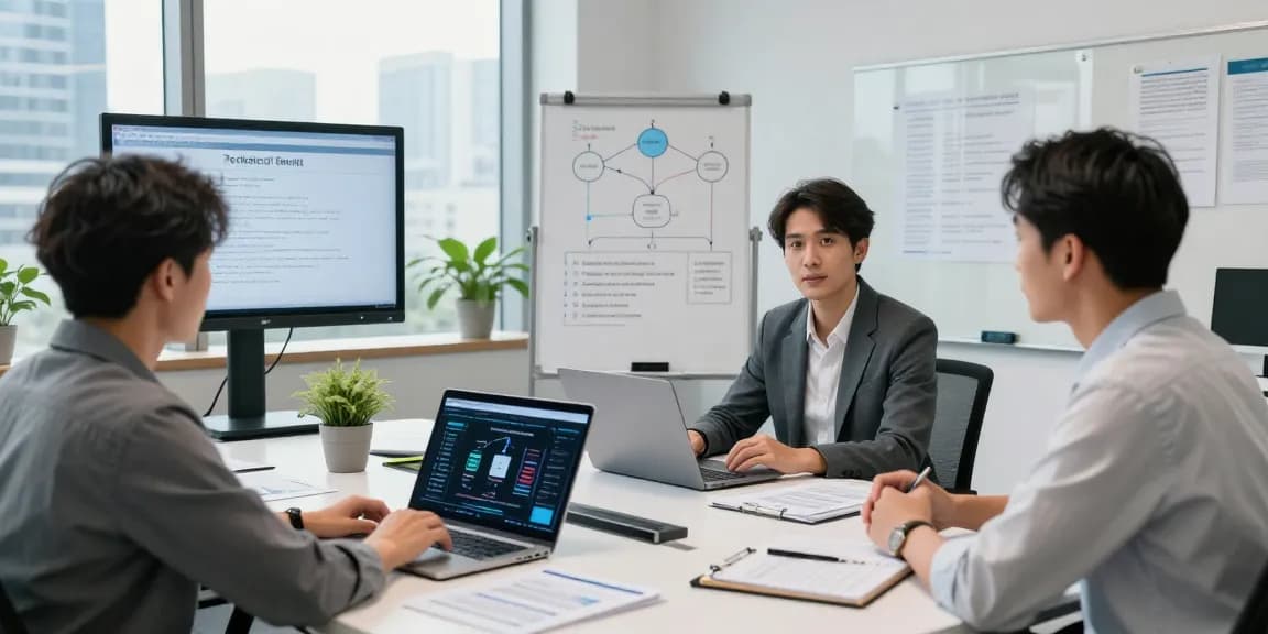 Consultation on cyber essentials renewal process in a modern office setting, showcasing professional interaction and strategic planning.