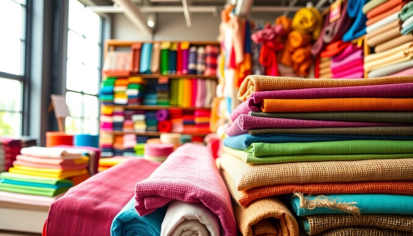Koop stof kopen per meter in een kleurrijke stoffenwinkel met gevarieerde texturen.