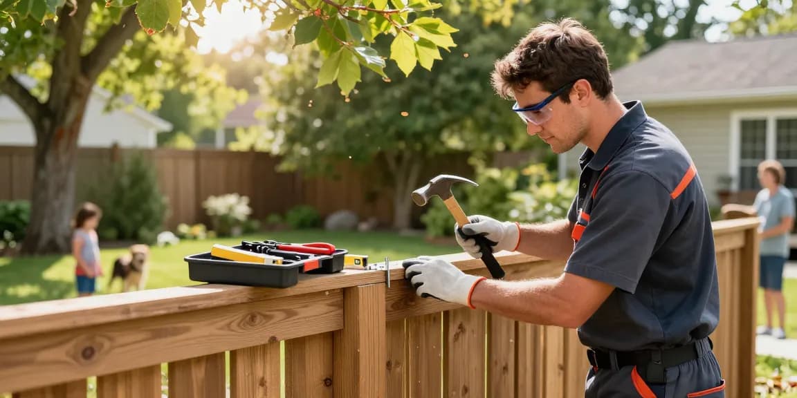 We fix fences and build fences with a skilled tradesman repairing a wooden fence in a sunny backyard.