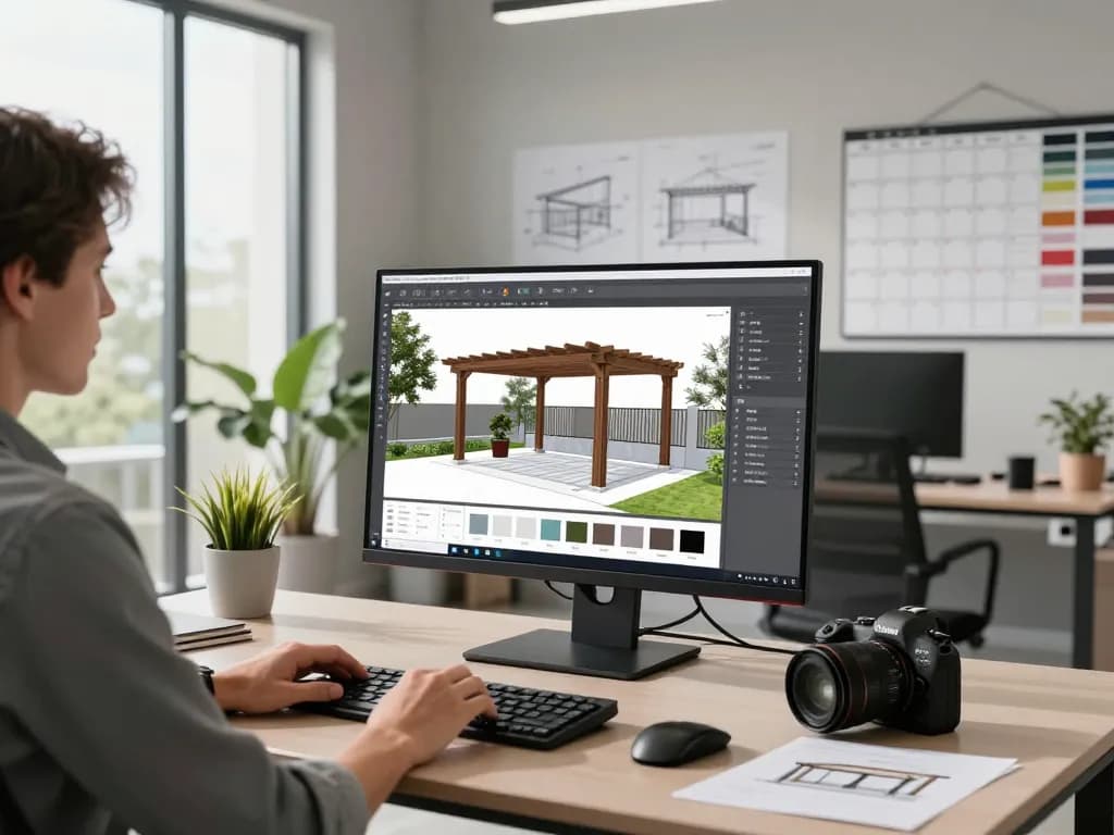 Professionista aziendale che utilizza software pergole per aziende in un ufficio moderno, progettando una pergola 3D.