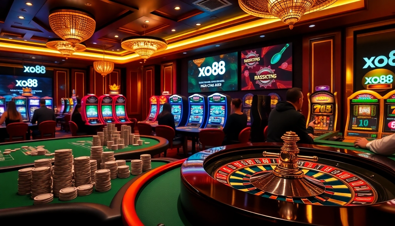 A player engages in a thrilling game at the xo88 online casino featuring vibrant slot machines and luxurious gaming tables.