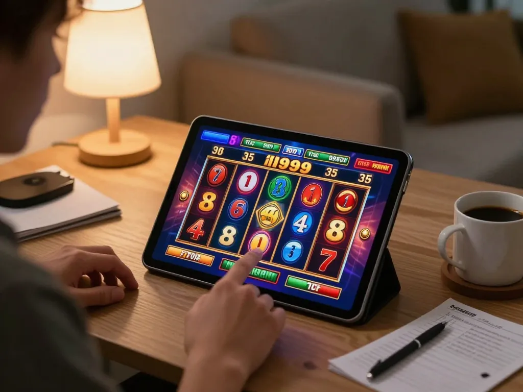 Engaging in strategic lc88 online slot gaming from a cozy home setting with vibrant reels.