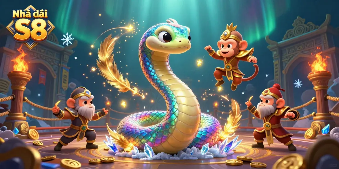 Engage with the action at Nhà cái S8, where a vibrant scene showcases excitement in gambling with a rainbow serpent and playful monkey king.