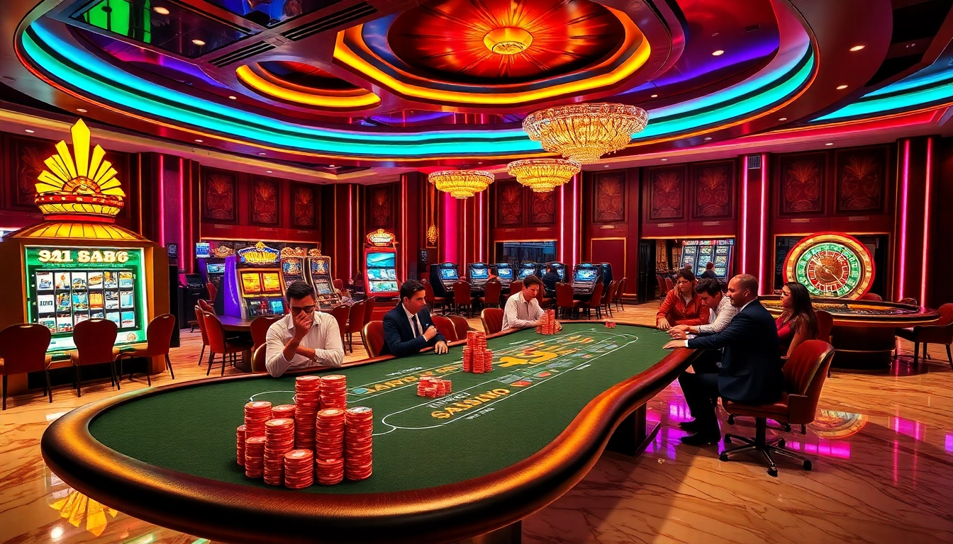 Experience the excitement of five 88 at a luxurious casino filled with poker tables and vibrant slot machines.