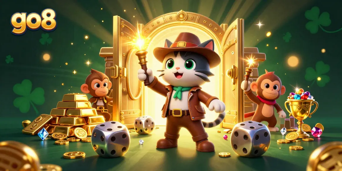Discover thrilling casino treasures at go8 with an explorer cat and monkey companion.