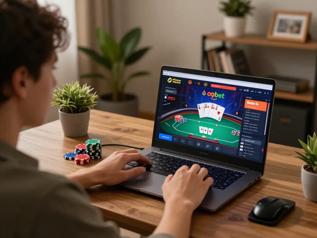 Engaging in a poker game at nhà cái oxbet, showcasing online gaming strategy with vibrant chips and cards