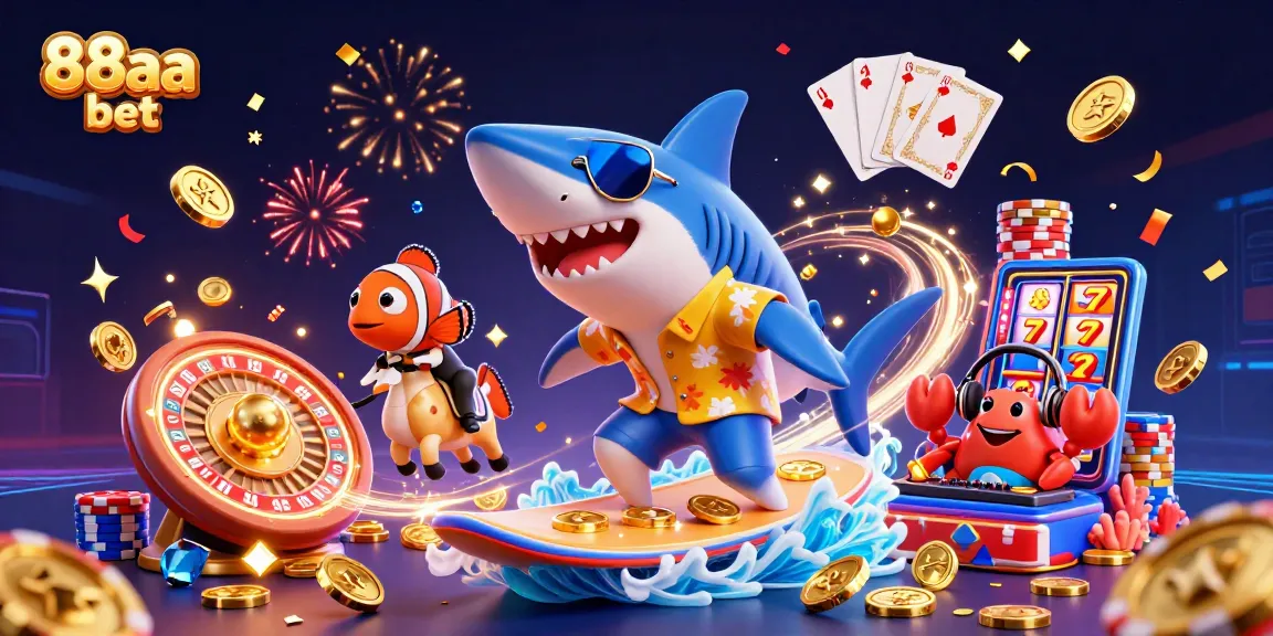 Engage with 88aa bet, celebrating excitement in a vibrant casino scene with gold coins, poker chips, and festive elements.