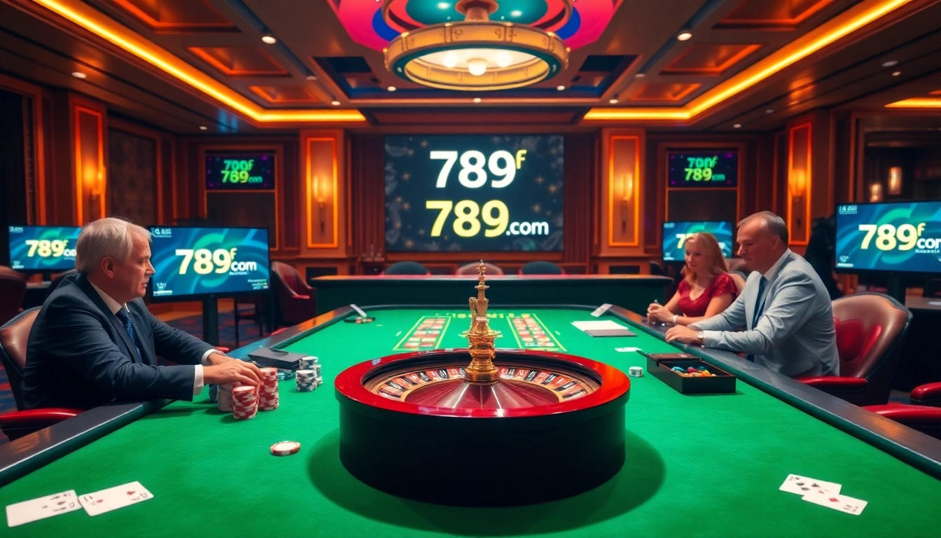 Players enjoying high-stakes poker at a luxurious 789f com casino table filled with vibrant chips and cards.