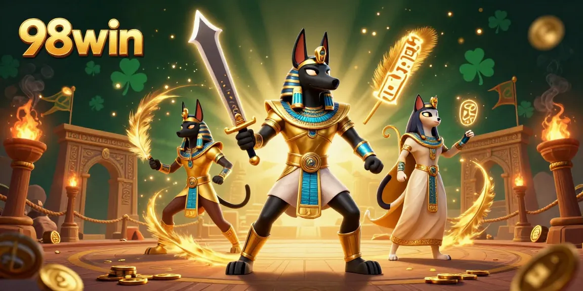 Engage in thrilling action with 98win featuring Anubis and Bastet in a dynamic casino arena.