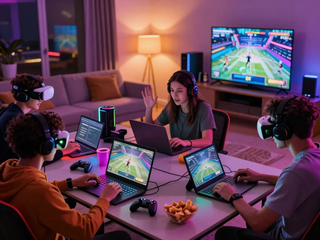 Engaging scene of friends enjoying online gaming at https://rikviprent.com with vibrant colors and interactive elements.