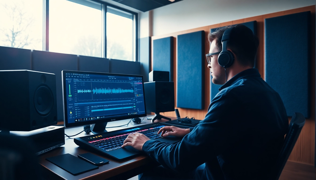 Audio engineer mastering tracks in a professional studio, focusing on online audio mastering.