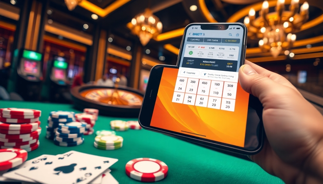 Using the tải app 8kbet on a mobile device surrounded by casino chips and cards