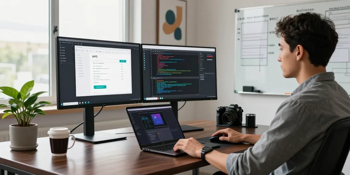WPS Download interface displayed on multiple monitors in a modern tech workspace, showcasing software development.