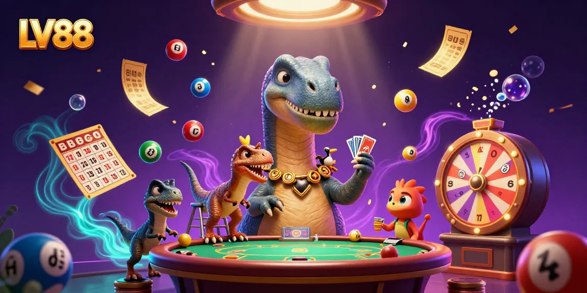 Engage in thrilling gameplay with LV88, where a 3D brontosaurus oversees a lively casino scene.