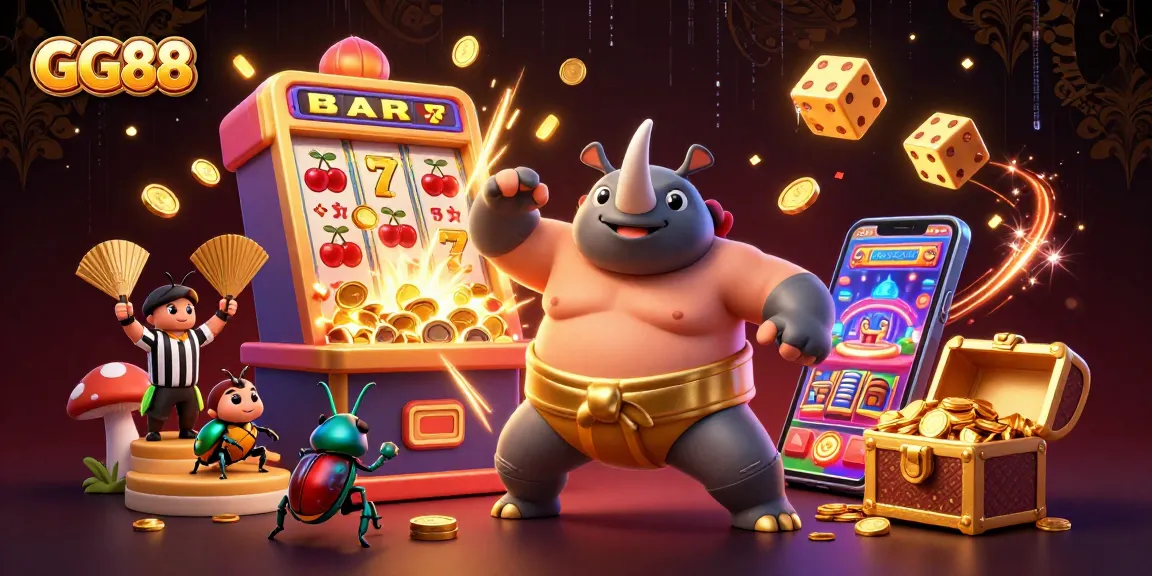 GG88 showcases a dynamic scene with a rhinoceros beetle sumo champion surrounded by coins and vibrant casino elements.