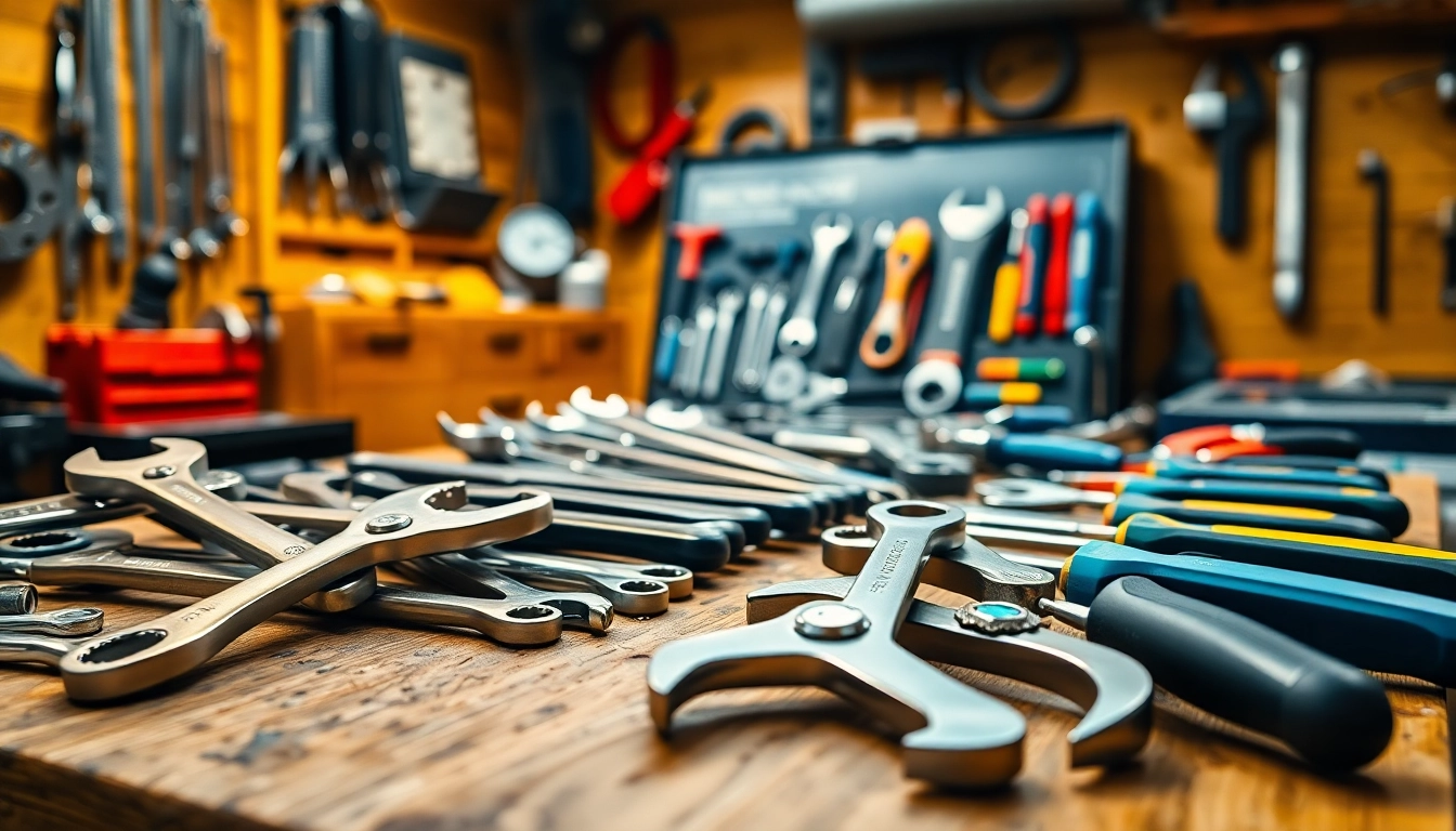 Strumenti ks di alta qualità disposti su un banco di lavoro in legno, che mostrano artigianalità e professionalità.