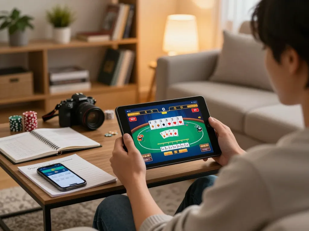Engaging with the lc88 app for online casino gaming in a cozy home setup.