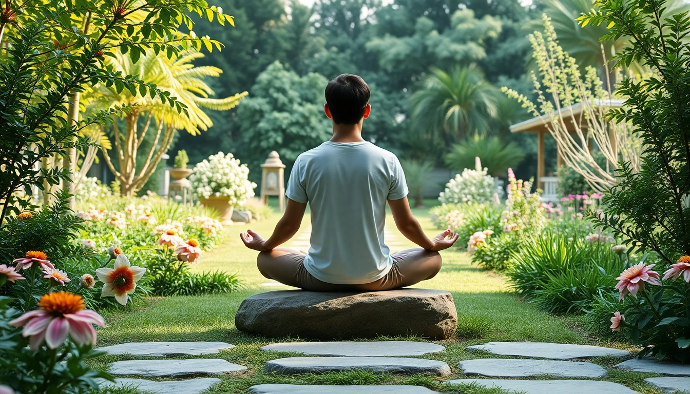 Engage with stress and anxiety relief through mindful meditation in a peaceful garden setting.