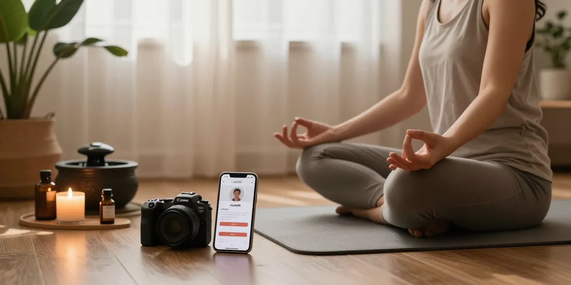 Mindful meditation scene featuring rokok88 login on smartphone, peaceful home environment with natural elements.