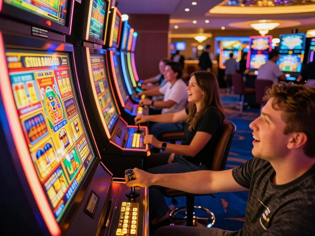 open88 players enjoying vibrant slot machines in a lively casino atmosphere, showcasing excitement and entertainment.