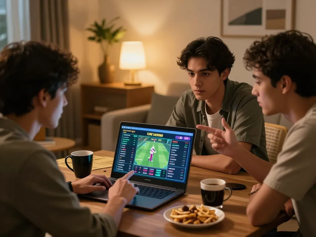 Engaging in live cricket betting on Crickex from a cozy home setting with friends.