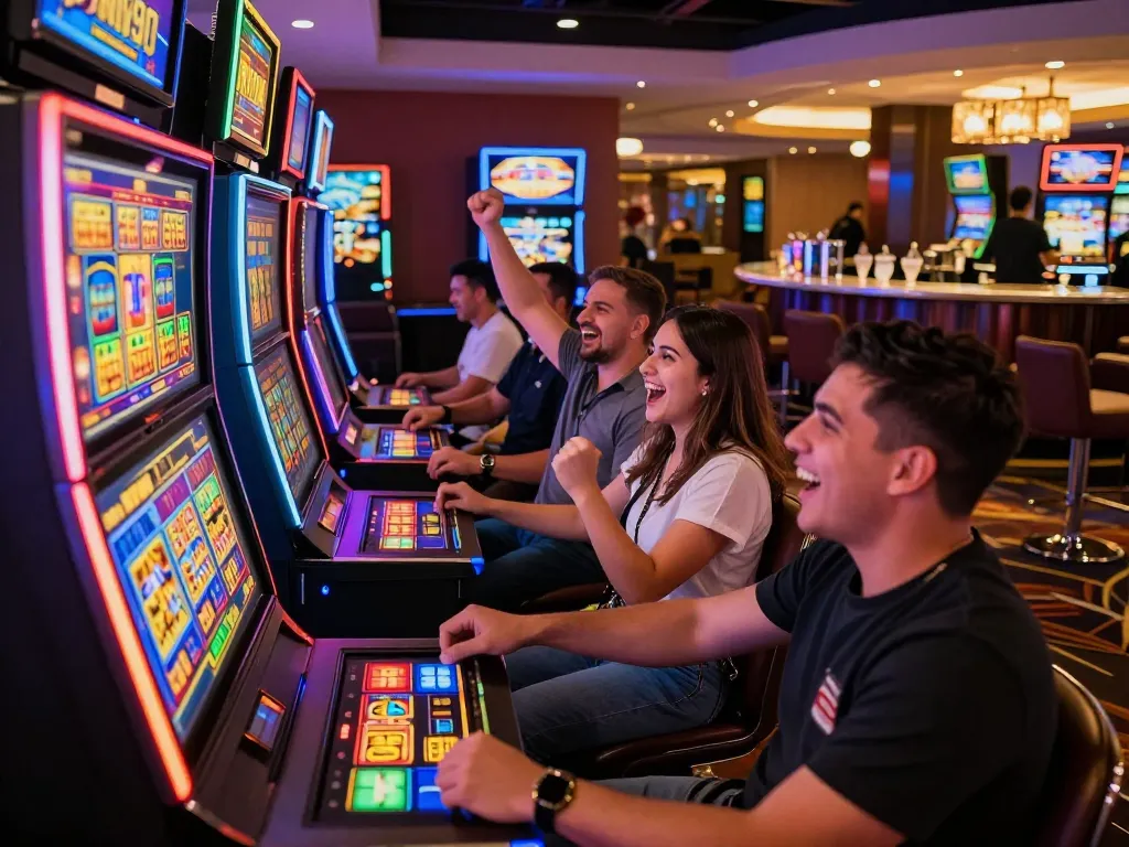Exciting Nohu90 casino gaming scene with players celebrating wins in a vibrant environment.