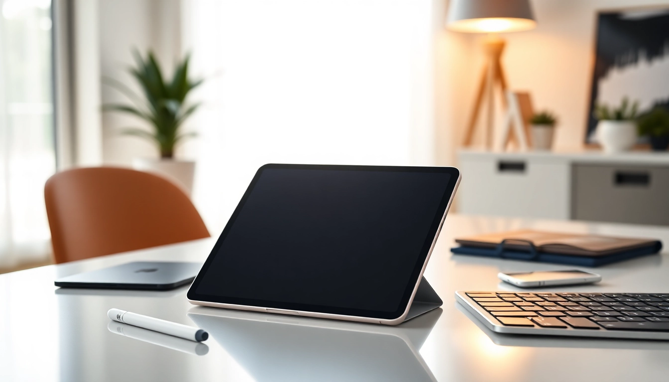 Presentación del iPad Air 5ta generación con accesorios modernos y diseño elegante.