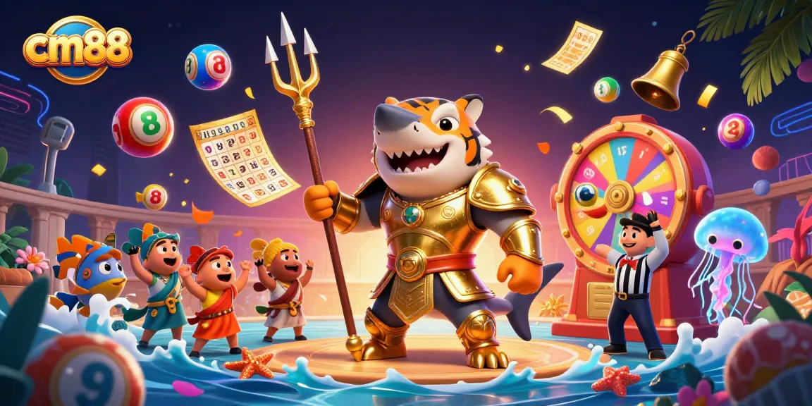 Engage with cm88 in a vibrant underwater casino scene featuring a tiger shark champion.