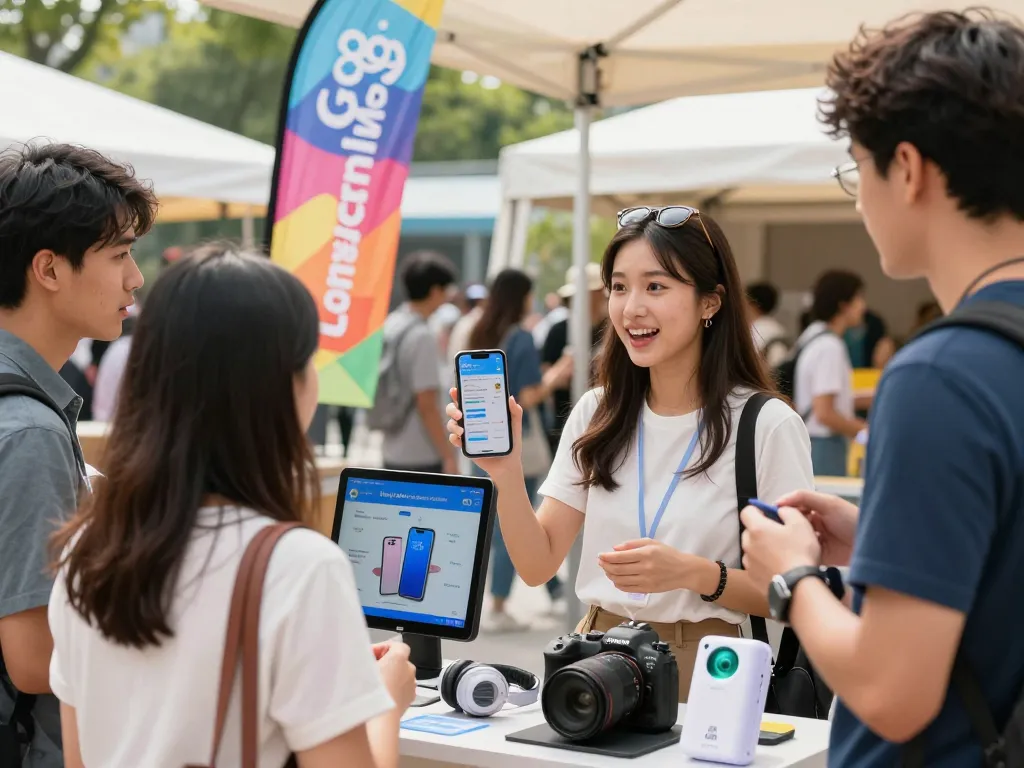 Youth engaging potential customers about the Go 99 mobile plan at a vibrant outdoor market.