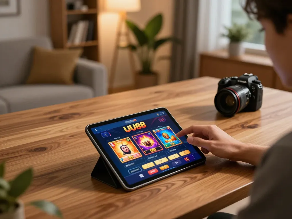 uu88 player engaging with online casino games on tablet in a cozy home environment