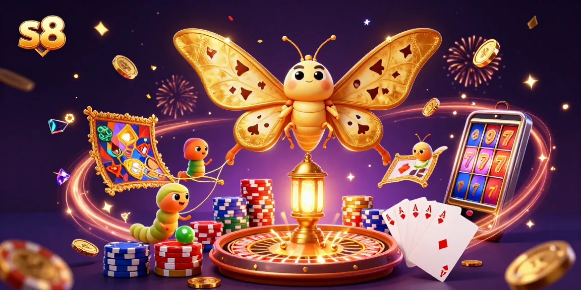 S8 players winning with golden coins and casino fun, featuring a majestic moth and vibrant gaming scene.