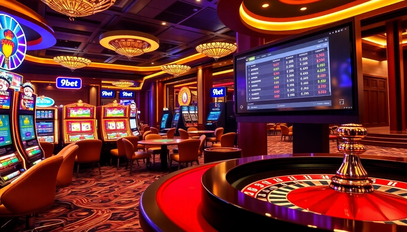 Experience exciting gambling at 9bet with vibrant casino tables, roulette wheels, and online betting interfaces.