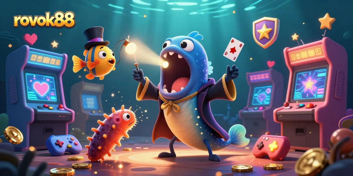 Engage with rokok88 gaming magic as a gulper eel performs card tricks in a vibrant, dynamic underwater casino.