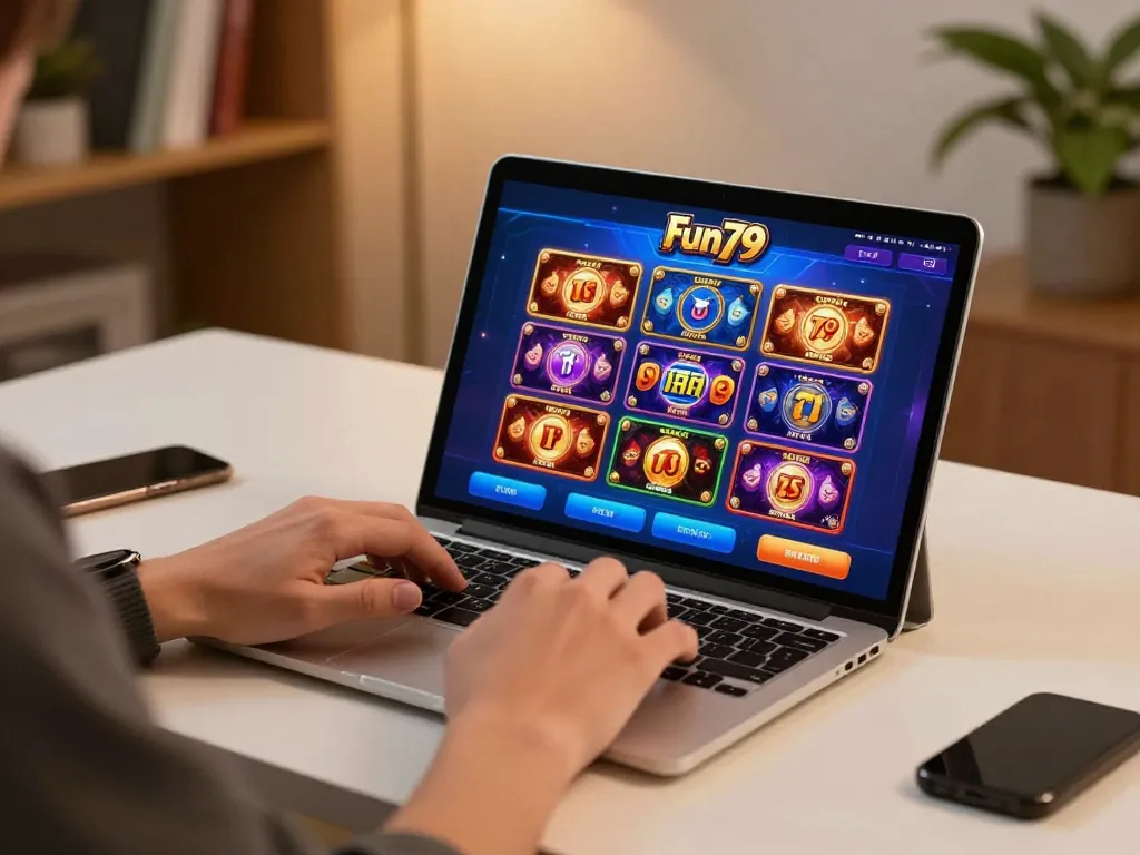 fun79 player engaging with online casino games on a stylish tablet, showcasing vibrant gameplay visuals.