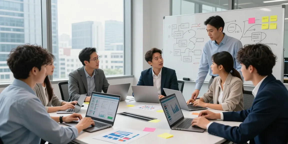 Team collaboration on IT support business solutions in a modern office