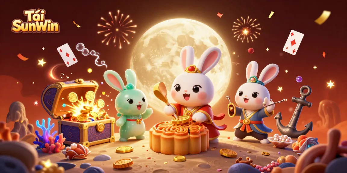 Tải SunWin with a moon rabbit and poker chips in a vibrant online casino scene showcasing festive elements.