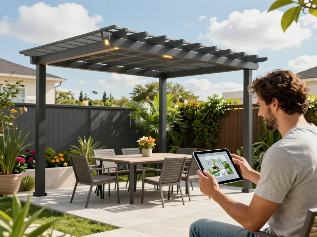 Engaging interaction with a configuratore 3D pergola in a sunny outdoor setting.