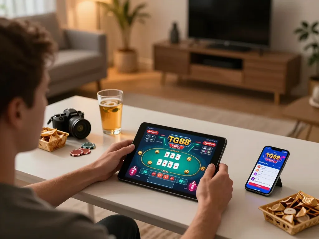 Engaging in online gaming at trang chủ tg88 with interactive poker action in a cozy home setting.
