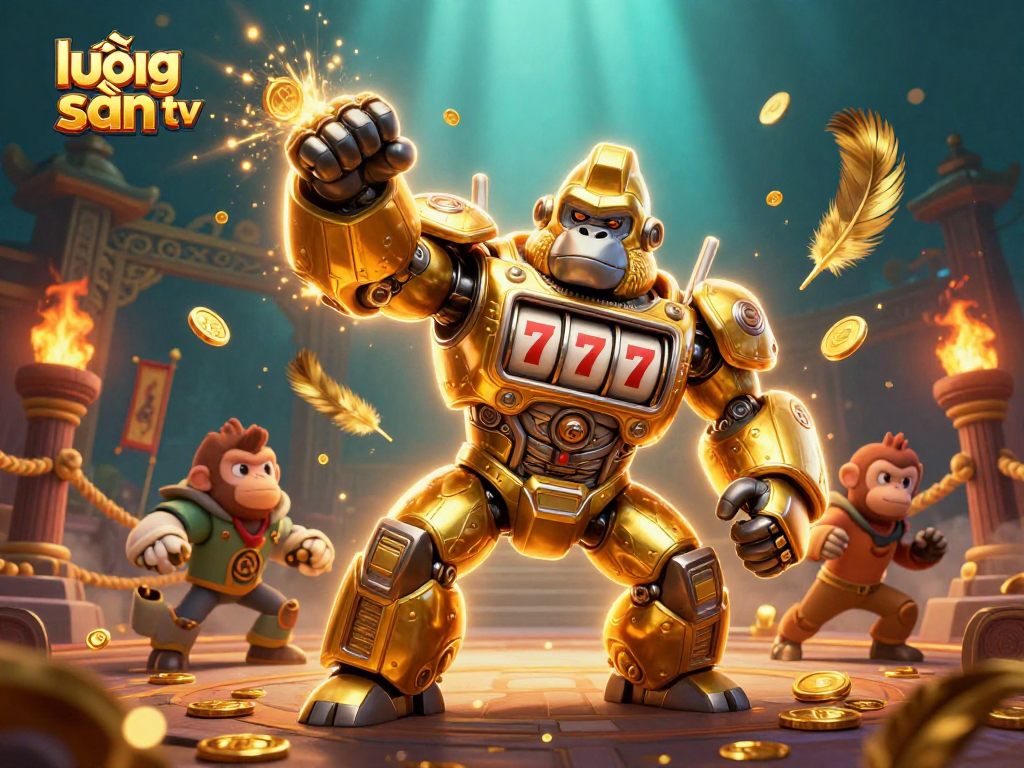 Experience thrilling action with lương sơn tv featuring a golden gorilla mech in a vibrant casino scene.