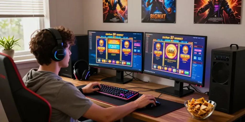 Engaging gaming setup showcasing intense gaming session at https://rokok88rtpslot.org with vibrant slot graphics and dual monitors.