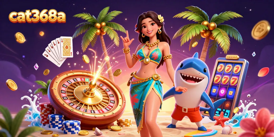 Experience the excitement of cat368a with a lively scene of gaming action, vibrant characters, and casino elements.