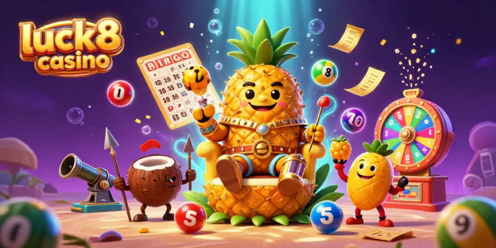 Experience the vibrant luck8 casino atmosphere with a golden pineapple king, explosive games, and lively elements.