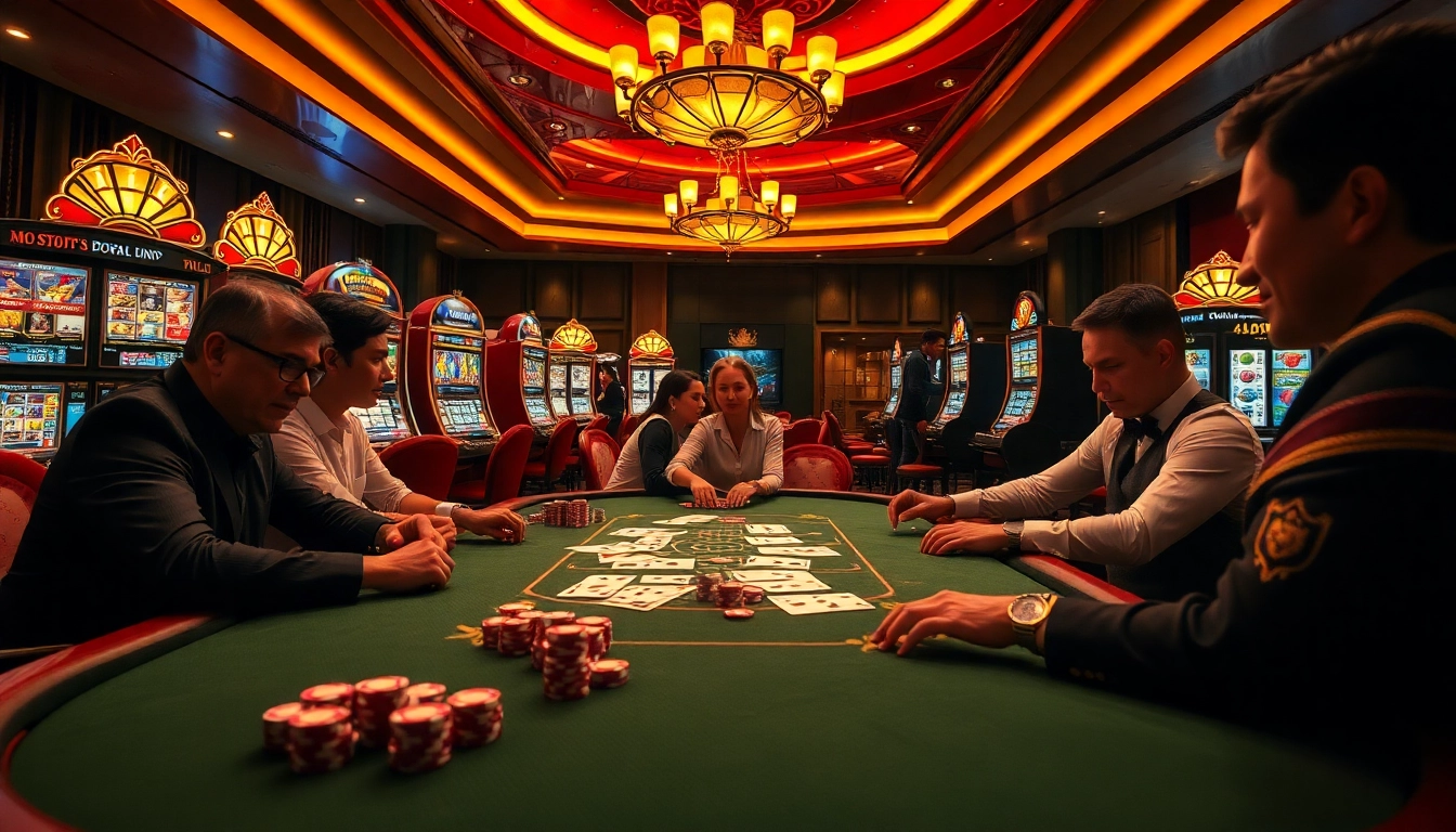 98win players strategizing at a luxurious casino table filled with chips and cards.