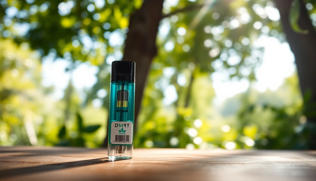 Buy DMT online - high-quality DMT vape cartridge displayed on a wooden table with nature backdrop.