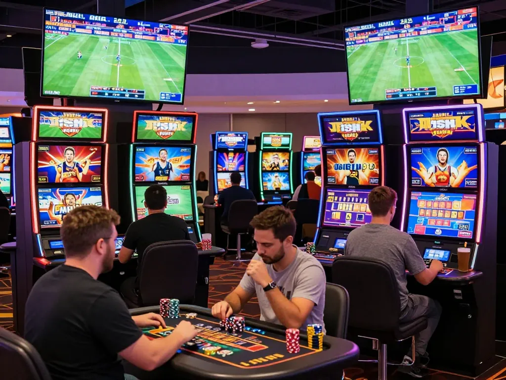 Exciting mm oo gambling scene with players at digital casino engaging in sports betting and live games.