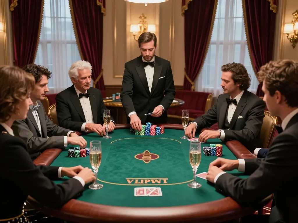Join the exciting game at Vipwin casino with friends at a luxurious poker table, complete with chips and drinks.